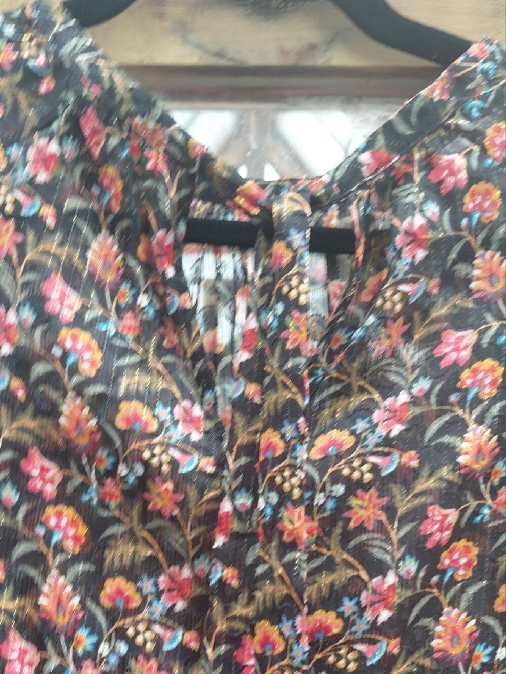LOFT Black Floral Short-Sleeve Peasant Blouse with Pink & Red Flowers - Picture 7 of 11